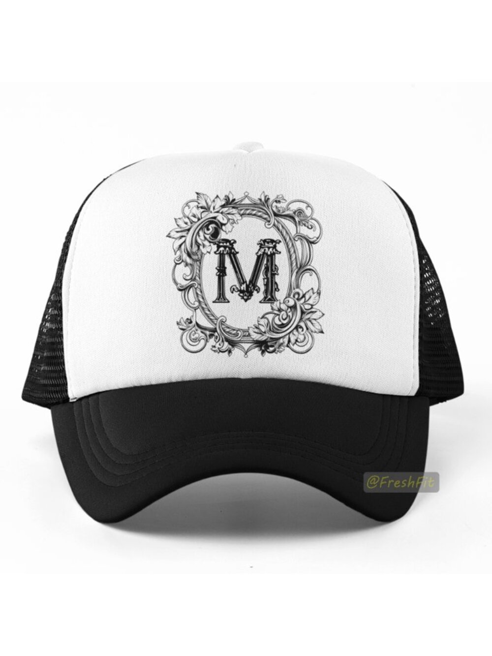 🆕Letter M Ornate Initial Foam Trucker Hat Mesh Snapback Cap Black/White